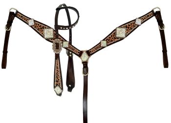 Showman Cheetah print one ear headstall and breast collar set with rhinestone accents and large crystal conchos